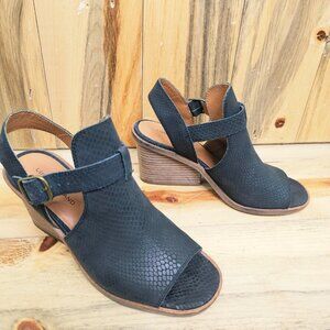 Lucky Brand Black Embossed Snakeskin Leather Labradite Wedge Heel  Size 7.5
